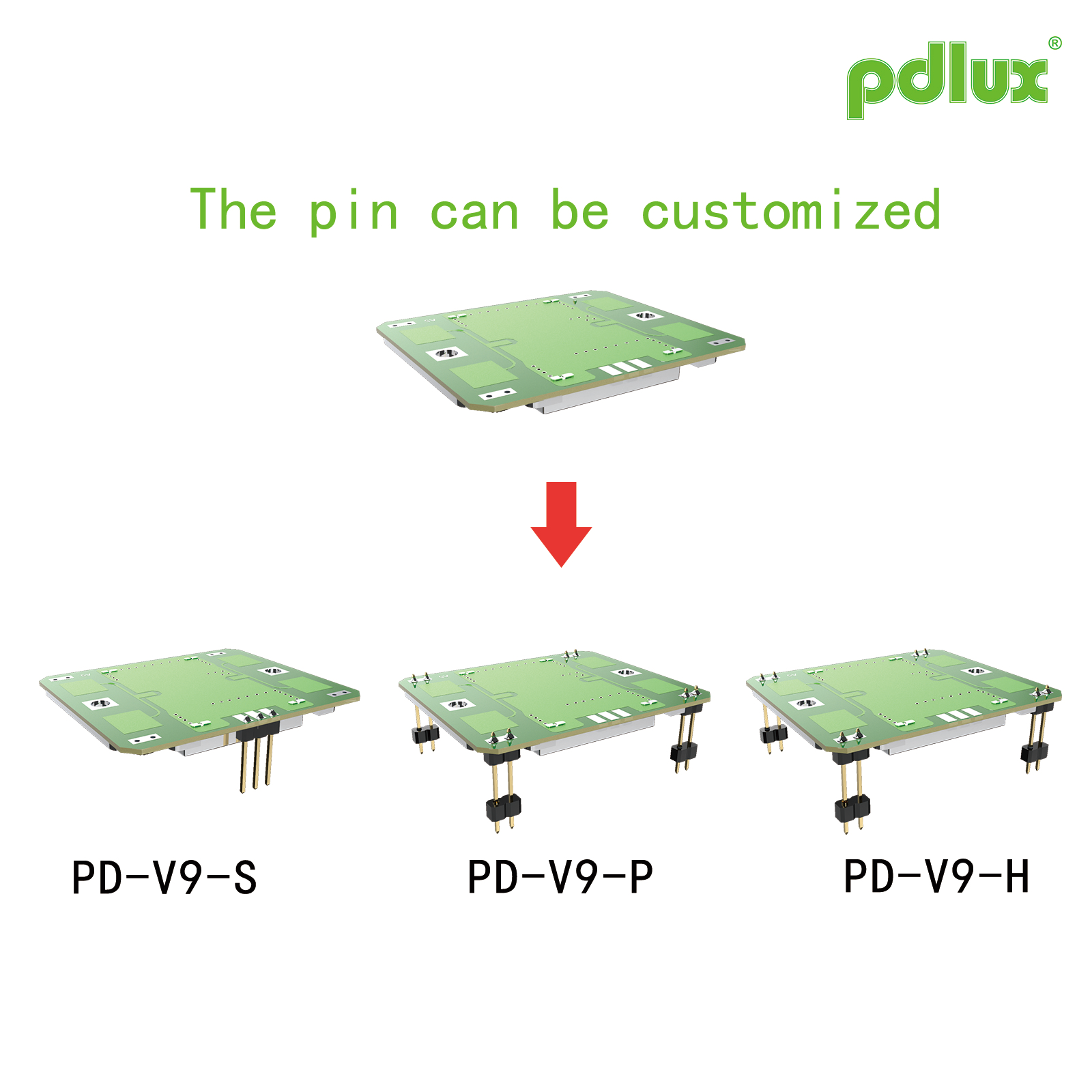 A PDLUX továbbfejlesztett PD-V9H/PD-V9P/PD-V9S X-Band Doppler érzékelő modulok, egyedi tű nélküli verzió opcionális